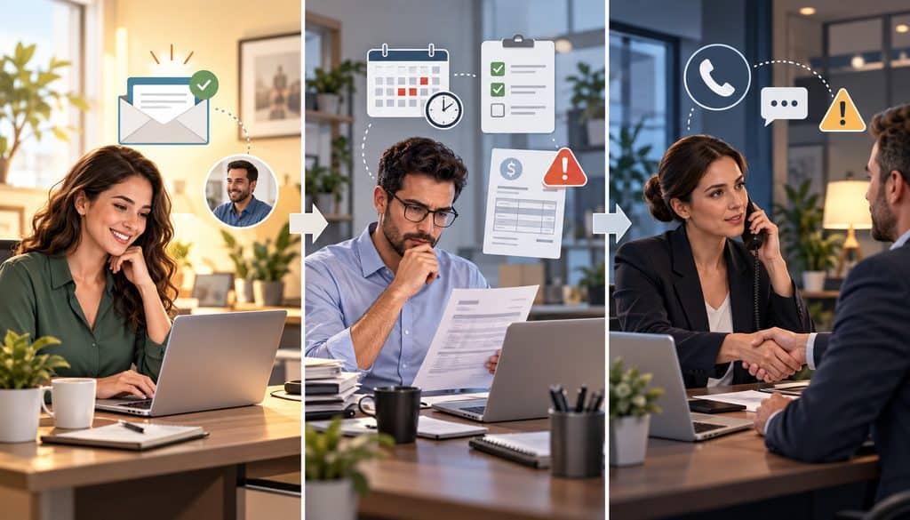Professional communication escalating from friendly email reminders to a firm phone follow-up while preserving the client relationship