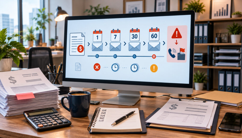 Overdue invoice email reminder sequence with staged follow-ups and escalation