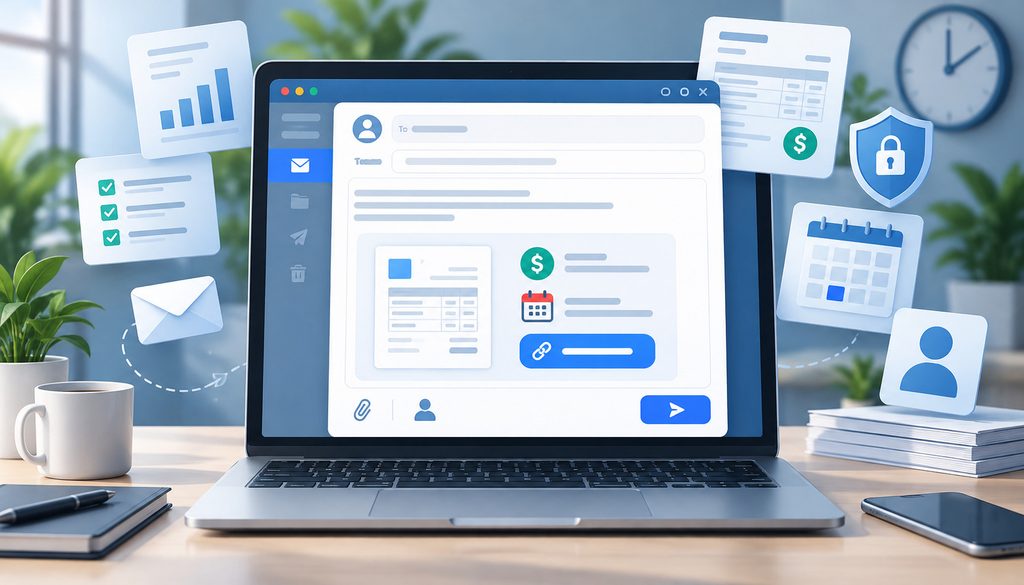 Invoice email with payment link, due date, attachment, and billing details