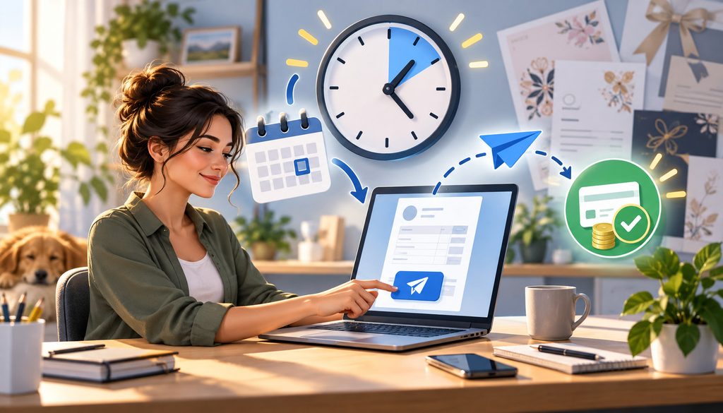 Freelancer sending an invoice at the right time with payment and scheduling icons